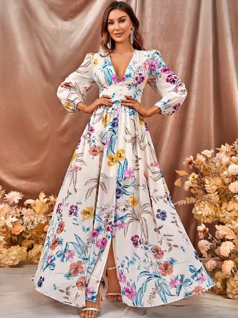  A Linie Langarm Chiffon Kleid Elani mit Blumenmuster