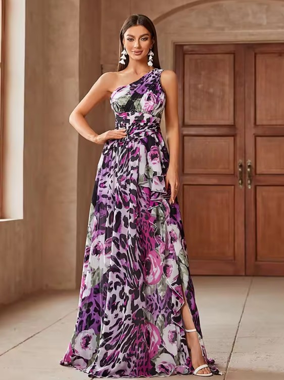 One Shoulder A-Linie Chiffon Kleid Eliane Elegant mit Blumenmuster