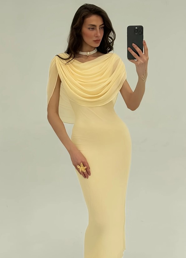 Bleistift Chiffon Kleid Edith Elegant Lang in Gelb Plissiert