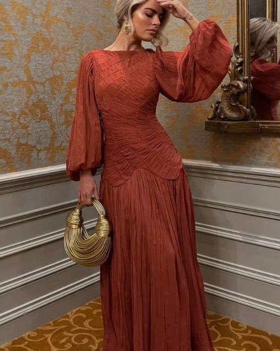A Linie Maxi Chiffon Kleid Elanie Elegant Lang mit Laternenärmeln in Bronze
