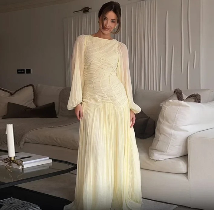 A Linie Maxi Chiffon Kleid Elanie Elegant Lang mit Laternenärmeln in Gelb