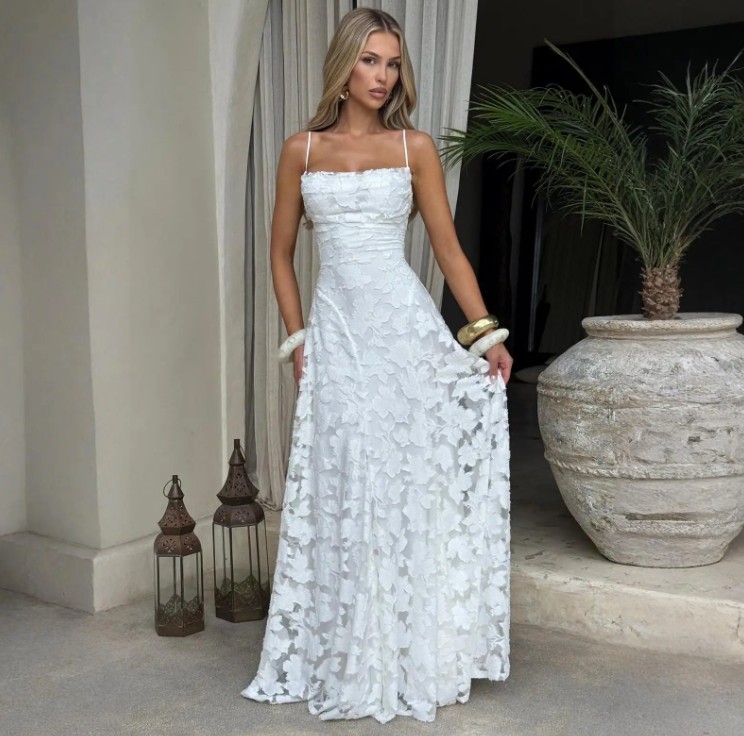 A Linie Spaghettiträger Maxi Chiffon Kleid Elikapeka Lang in Weiß mit Spitze