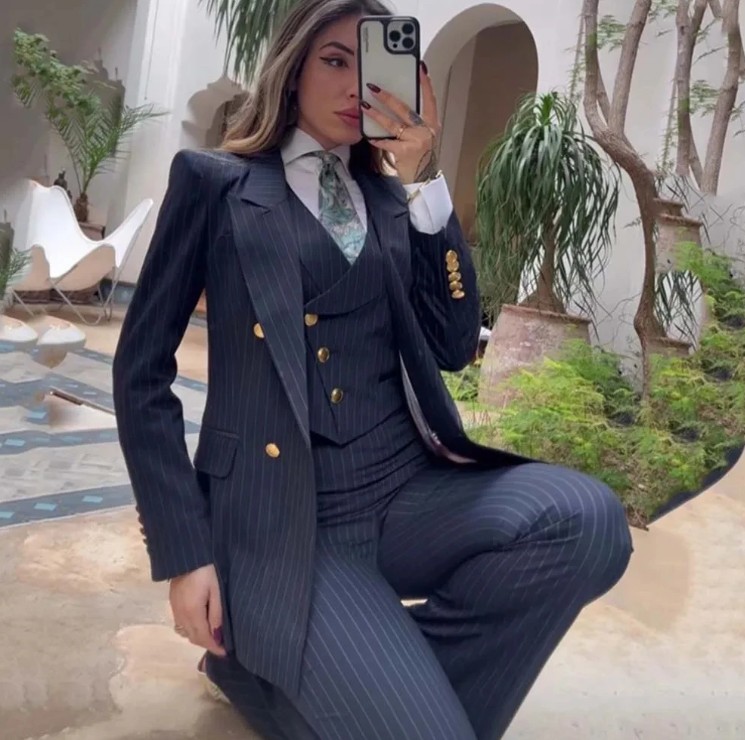  Damen Business Hosenanzug Dreiteilig mit Weste Elegant in Navy Blau
