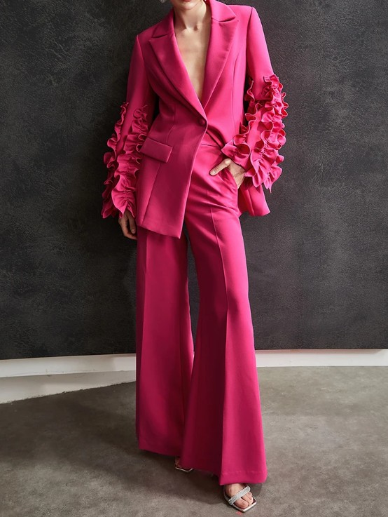 Designer Damen Hosenanzug Elina mit Rüschen Tailliert in Pink