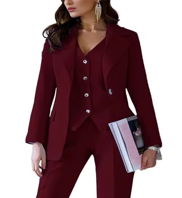 Dreiteiliger Damen Hosenanzug Ernestine in Dunkelrot Elegant Blazer - Weste - Hose im Set