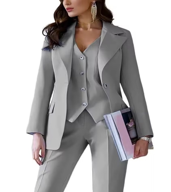Dreiteiliger Damen Hosenanzug Ernestine in Silber Elegant Blazer - Weste - Hose im Set