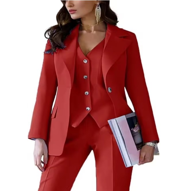 Dreiteiliger Damen Hosenanzug Ernestine in Rot Elegant Blazer - Weste - Hose im Set