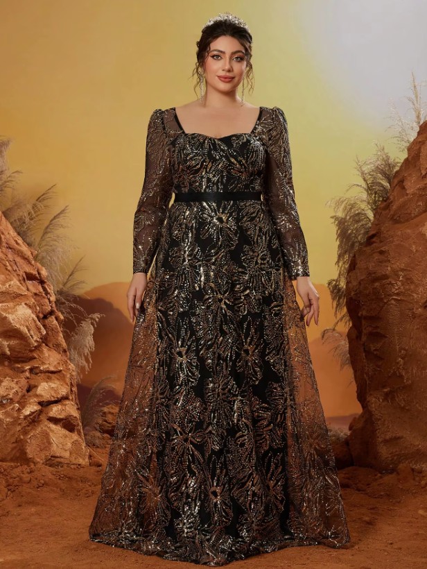 Empire Glitzer Langarm Abendkleid Eltje Schwarz