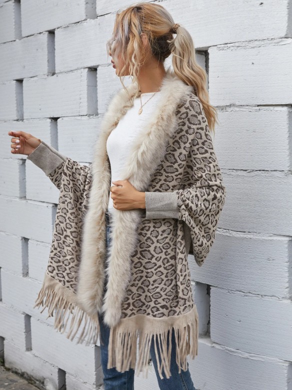 Leo Print Damen Cardigan Poncho Elele Beige