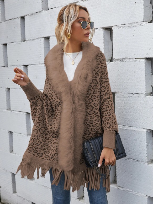 Leo Print Damen Cardigan Poncho Elele Braun