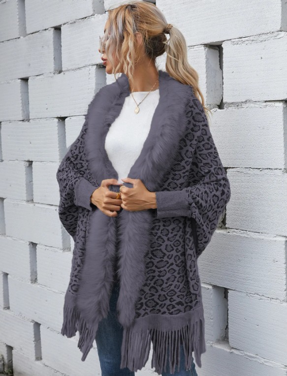 Leo Print Damen Cardigan Poncho Elele Grau