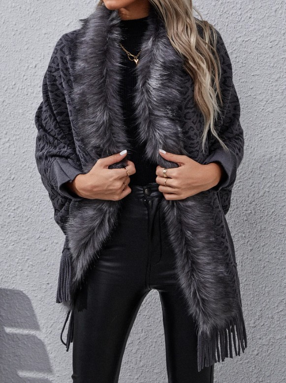 Leo Print Damen Cardigan Poncho Elele Schwarz