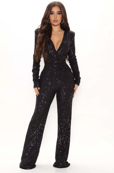 Glitzer Bodycon Jumpsuit Einteiler Esmeralda in Schwarz