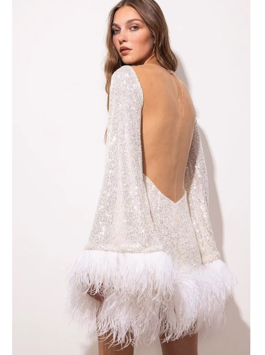 Langarm Glitzer Mini Cocktailkleid mit Sexy Rückenausschnitt