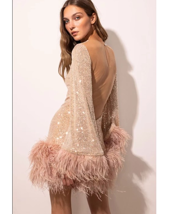 Langarm Glitzer Mini Cocktailkleid mit Sexy Rückenausschnitt Champagne