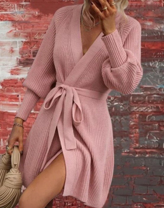 Langarm Damen Strickjacke Eike zum Binden in Rosa