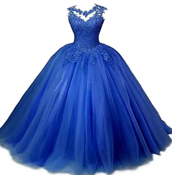 Ärmelloses Ballkleid Estefania mit Spitze und Illusion Ausschnitt in Blau
