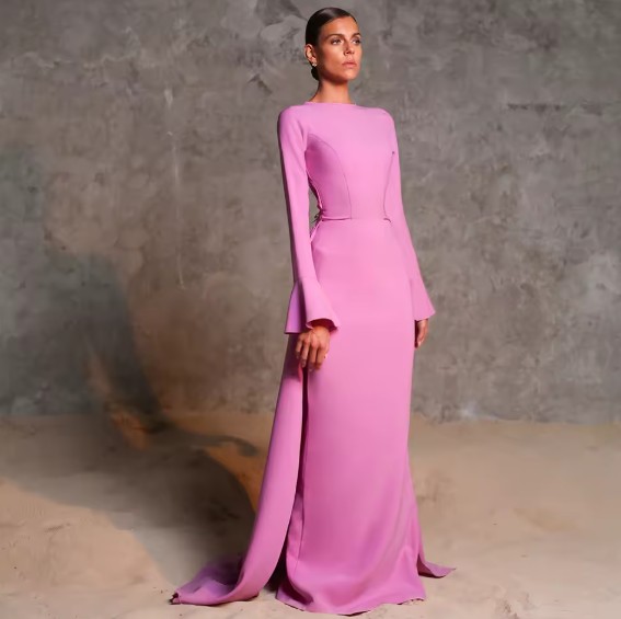  A Linie Langarm Abendkleid Eila in Rosa mit Schärpe