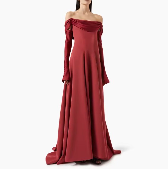 Schulterfreies A Linie Abendkleid Eleni Bodenlang in Dunkelrot