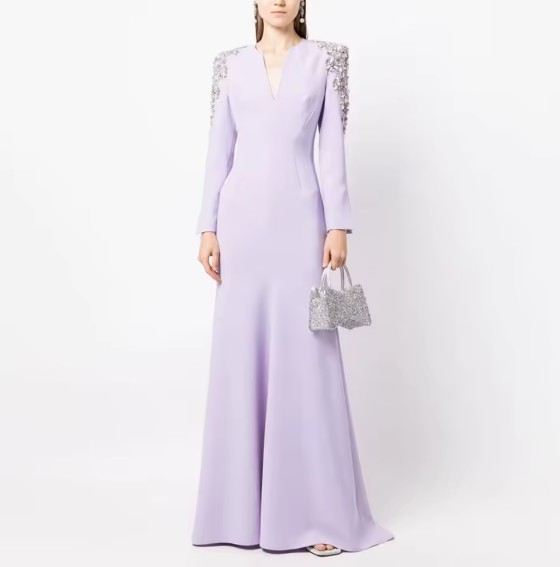 A-Linie Langarm Abendkleid Estella in Flieder mit Strass Applikationen
