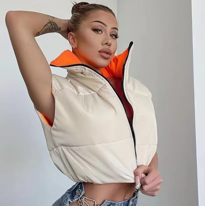 Kurze Winter Weste Estelle zum Wenden in Beige Orange