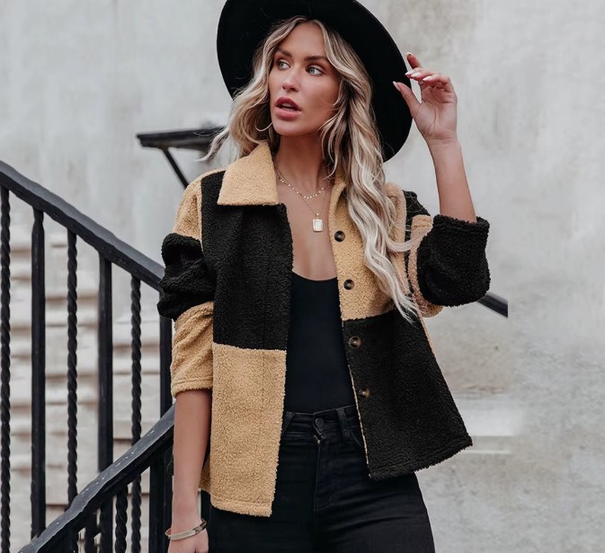 Damen Wolljacke Pullover mit Farbblock-Motiv Gelb Schwarz