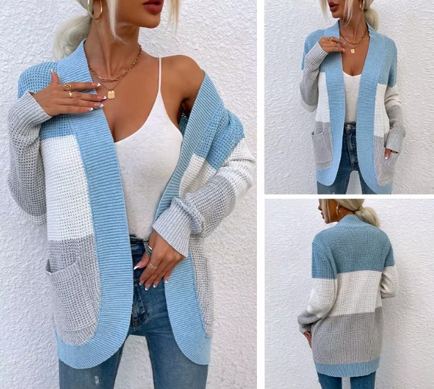 Damen Cardigan Strickjacke Ester mit Kontrastfarben Blau