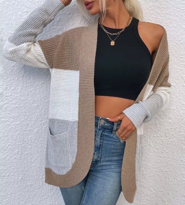 Damen Cardigan Strickjacke Eireann mit Kontrastfarben Beige