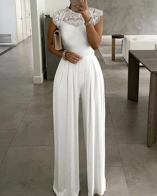 Chiffon Overall Jumpsuit Einteiler Emelie Elegant in Weiß mit Spitze