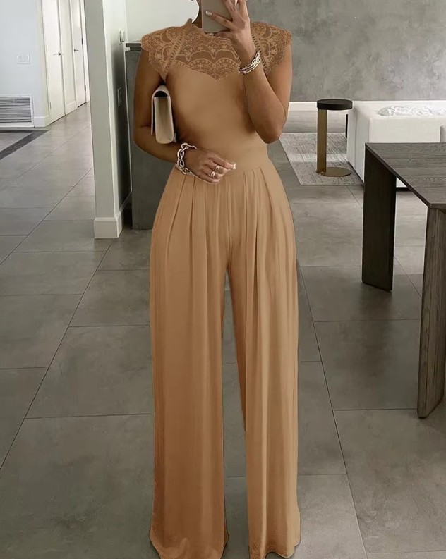 Chiffon Overall Jumpsuit Einteiler Emelie Elegant in Beig mit Spitze