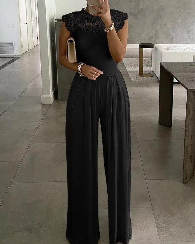 Chiffon Overall Jumpsuit Einteiler Emelie Elegant in Schwarz mit Spitze