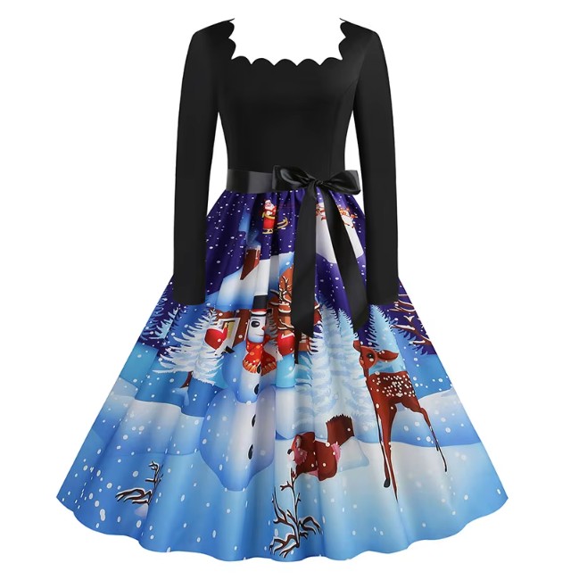 Langarm Vintage-Weihnachtskleid Enna Schwarz Blau mit Motive 