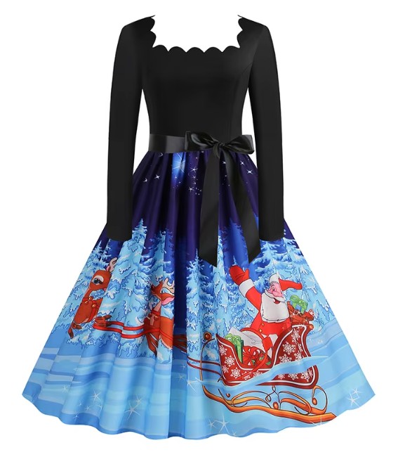 Langarm Vintage-Weihnachtskleid Esther Schwarz Blau mit Motive 