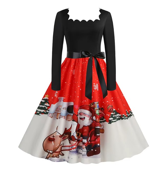 Langarm Vintage-Weihnachtskleid Finette Schwarz Rot mit Motive 