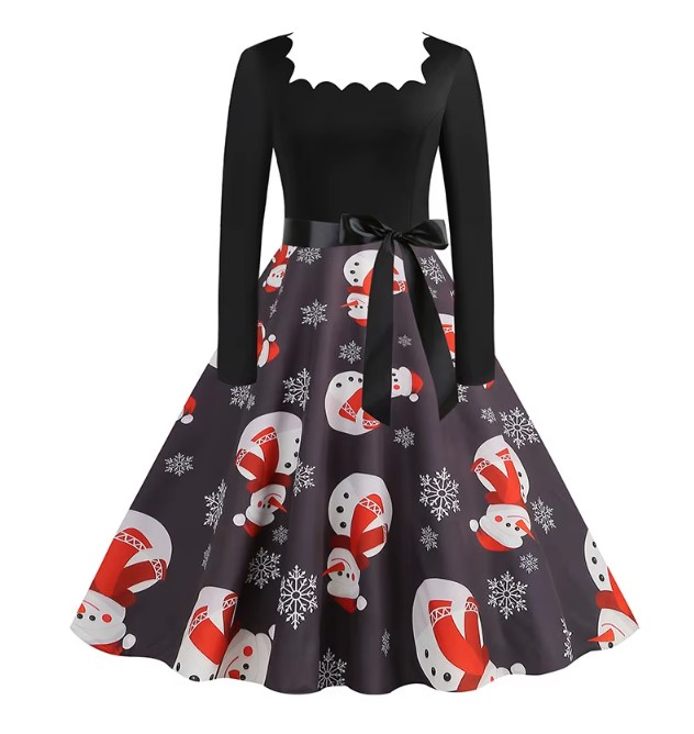 Langarm Vintage-Weihnachtskleid Finette Schwarz mit Motive 