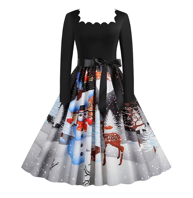 Langarm Vintage-Weihnachtskleid Finette Schwarz Grau mit Motive 