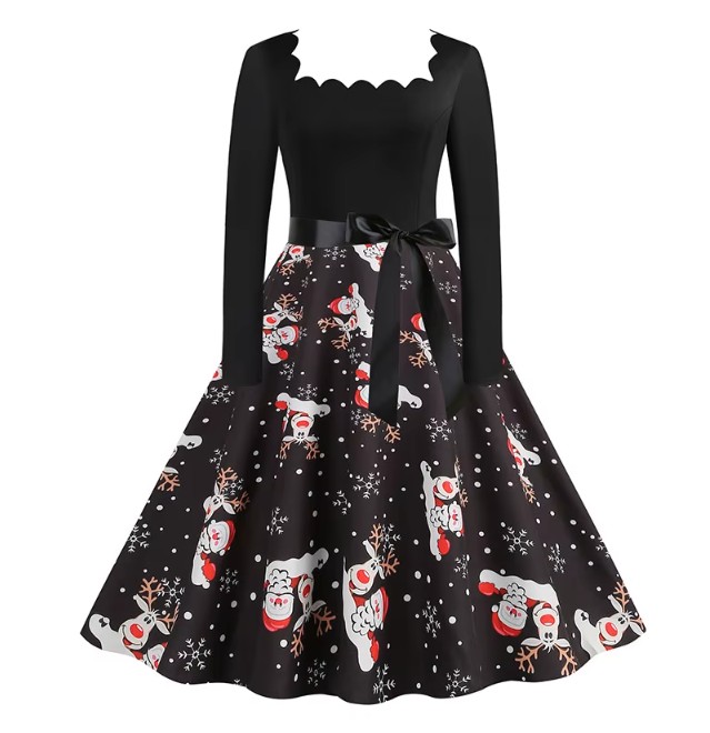 Langarm Vintage-Weihnachtskleid Florentine Schwarz mit Motive 