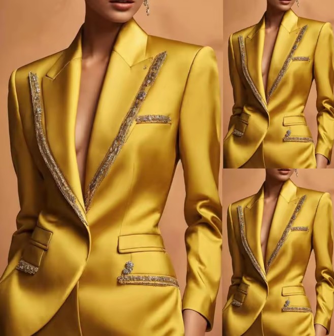 Festlicher Satin Hosenanzug Friede in Gelb mit Applikationen