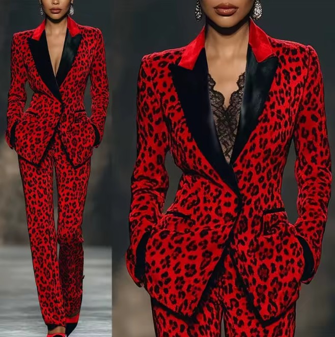 Eleganter Hosenanzug Friedegard in Rot Schwarz mit Leoparden Muster