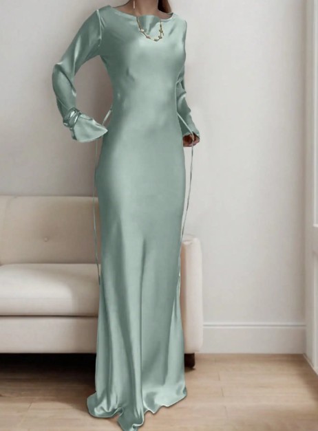 Langarm Satin Maxikleid Friederieke Elegant in Mintgrün