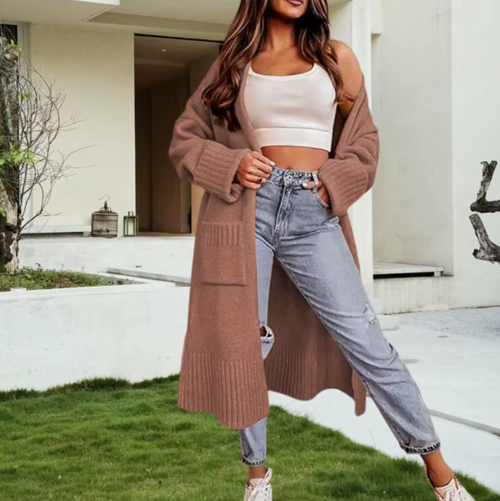 Lange Damen Strickjacke Gabriele mit Taschen in Caramel