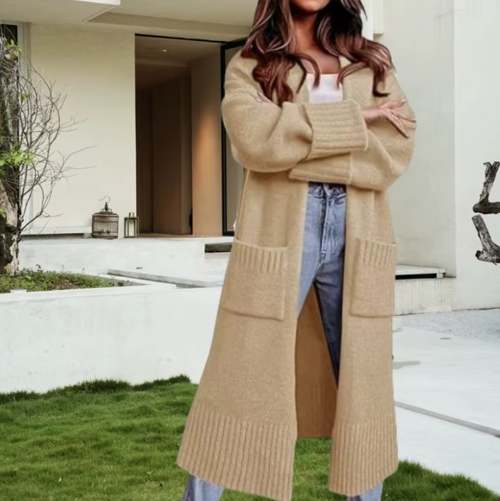 Lange Damen Strickjacke Gabriele mit Taschen in Creme