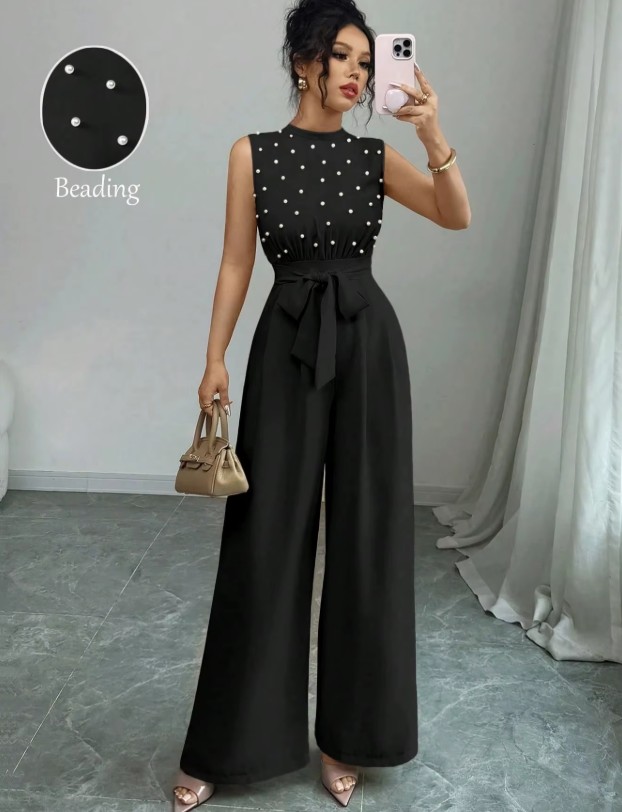 Eleganter Einteiler Jumpsuit in Schwarz mit Perlen