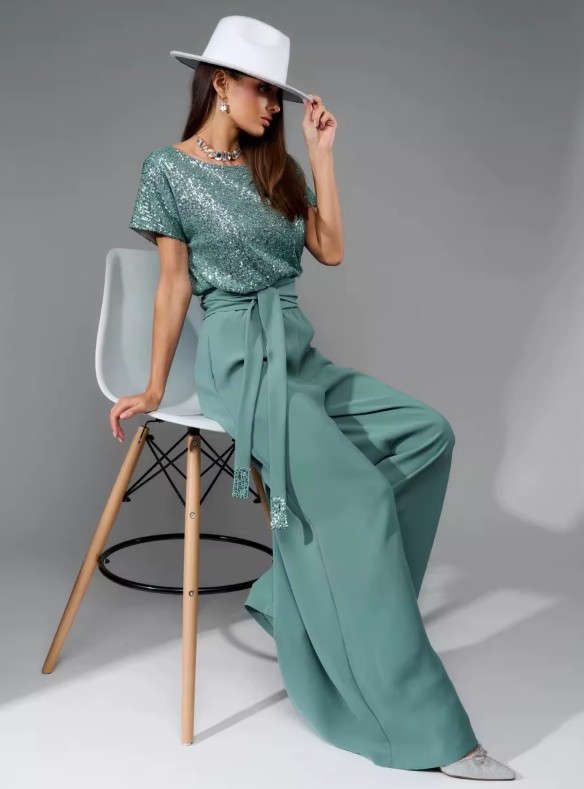 A Linie Einteiler Jumpsuit Gaby mit Glitzer Oberteil in Grün Elegant und Festlich