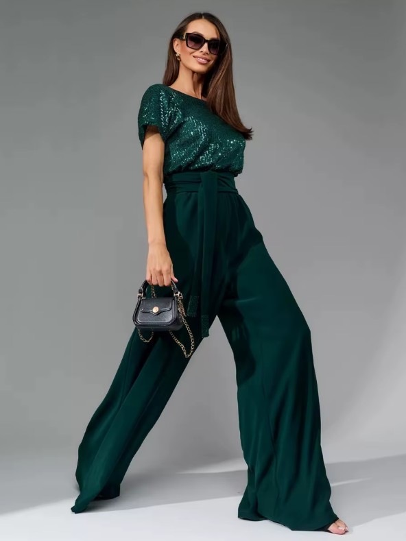 A Linie Einteiler Jumpsuit Gaby mit Glitzer Oberteil in Dunkelgrün Elegant und Festlich