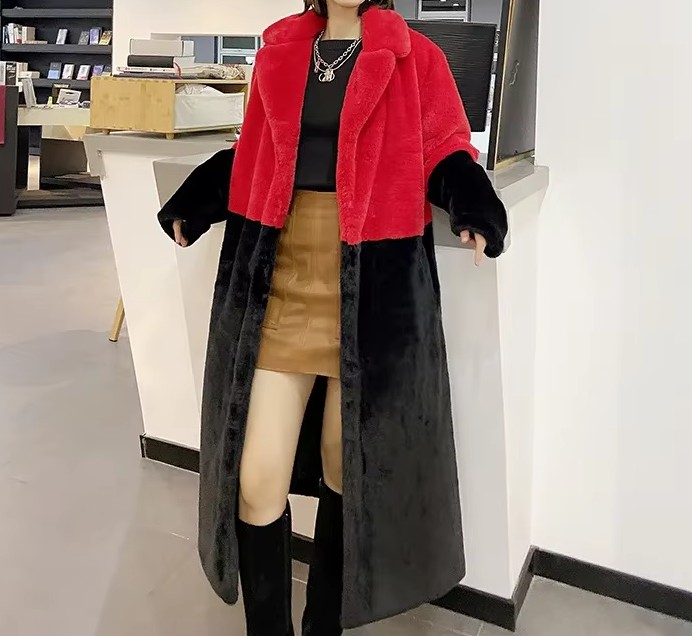 Langer Damen Plüsch Mantel in Kontrastfarben Schwarz Rot