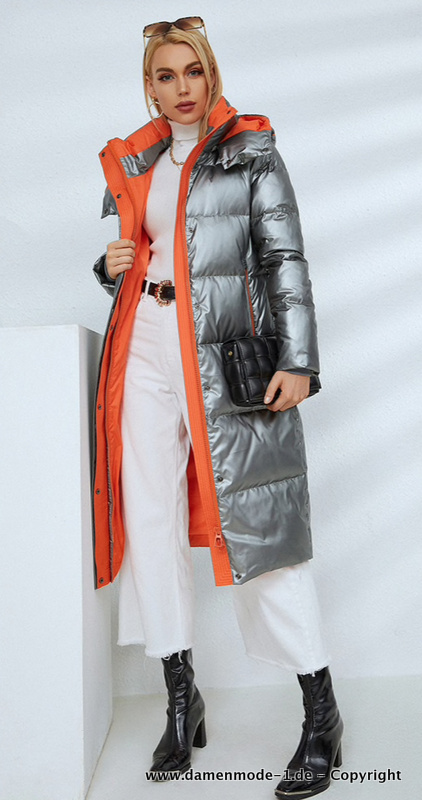 Langer Wintermantel für Damen in Silber mit Komfortable Taschen