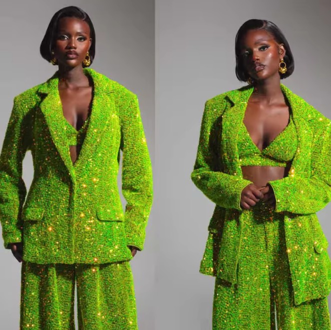 Dreiteiliger Glitzer Damenhosenanzug Festlich in Hellgrün