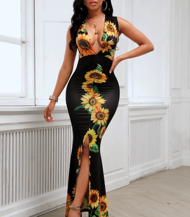 Sexy Bodycon Bleistift Kleid Gamze Lang in Schwarz mit Sonnenblumen