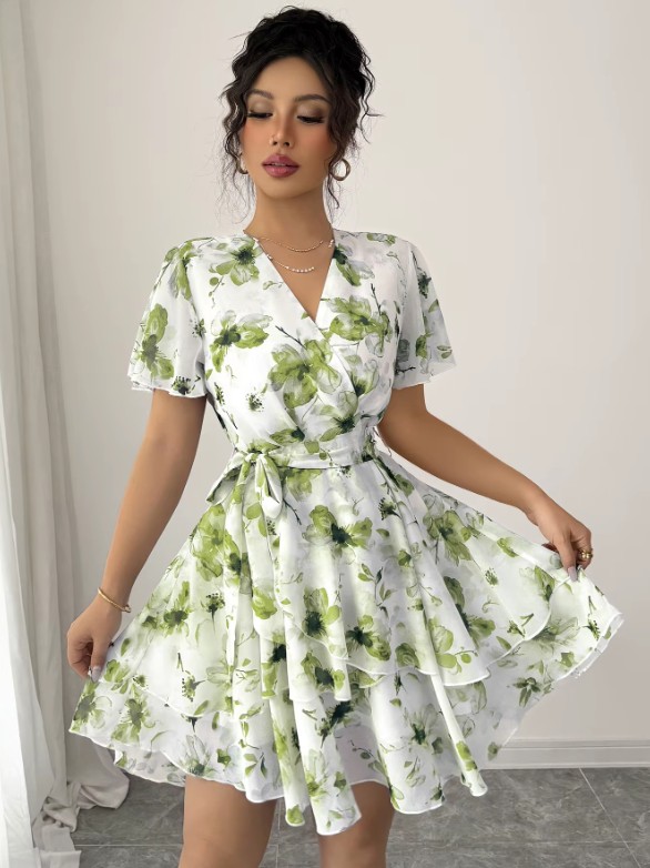 Kurzes Chiffon Sommerkleid Ganya Weiß Grün mit Blumenmuster